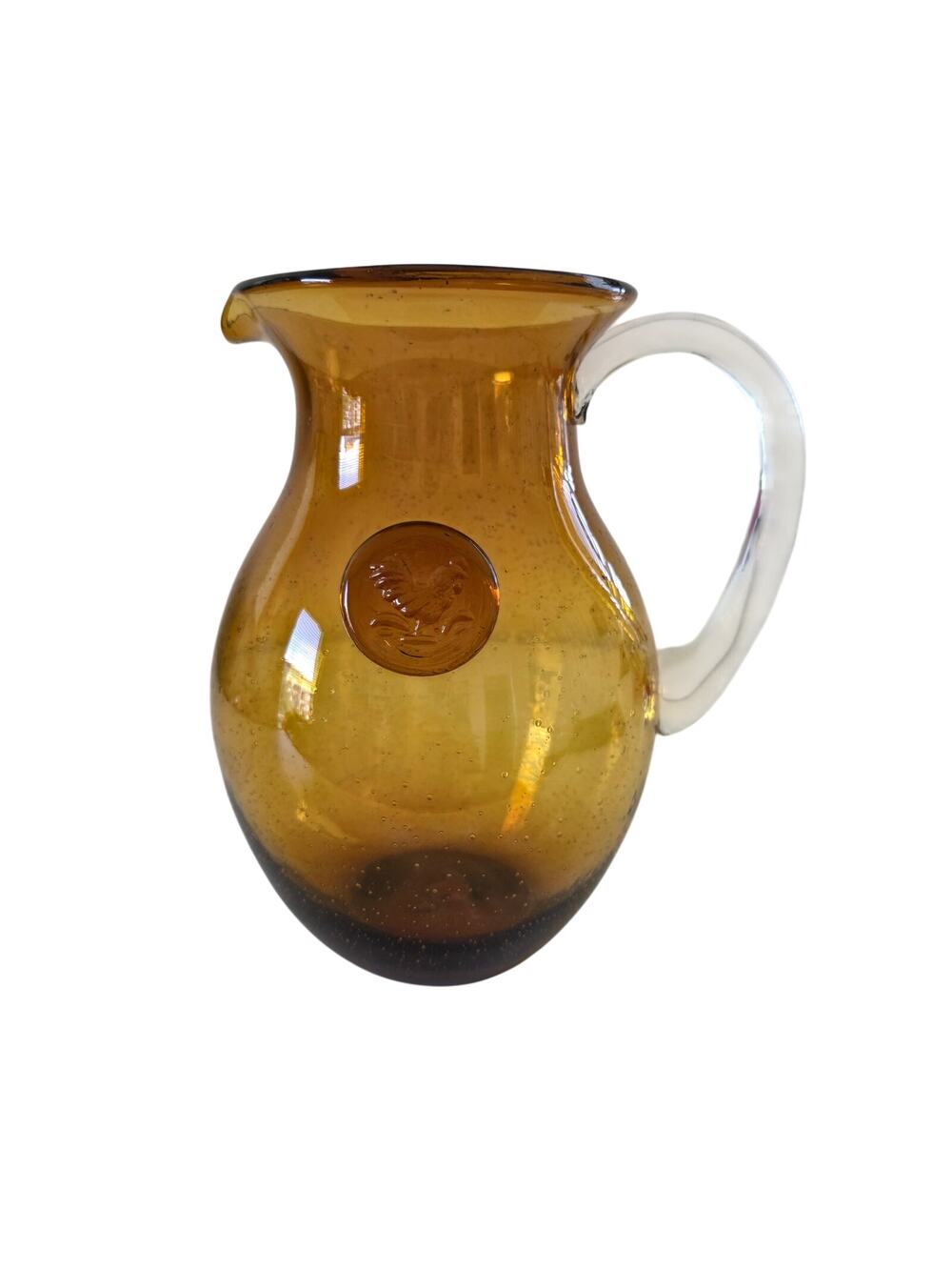 Vintage Hand Blown Amber Art Glass Pitcher Rooster Medallion Bubble Glass Vase
